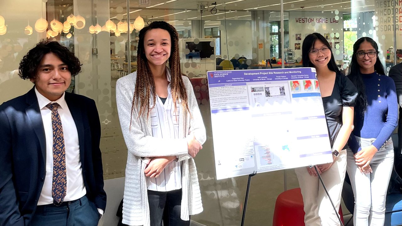 UChicago CAN Summer Lab participants Salvador Tranquilino-Ramos of University of Illinois, Chicago, Launa Greer UChicago Data for Social Impact Software Engineer, Halli Lacanlale of University of Illinois, Chicago, and Gagandeep Kaur of Fresno State.