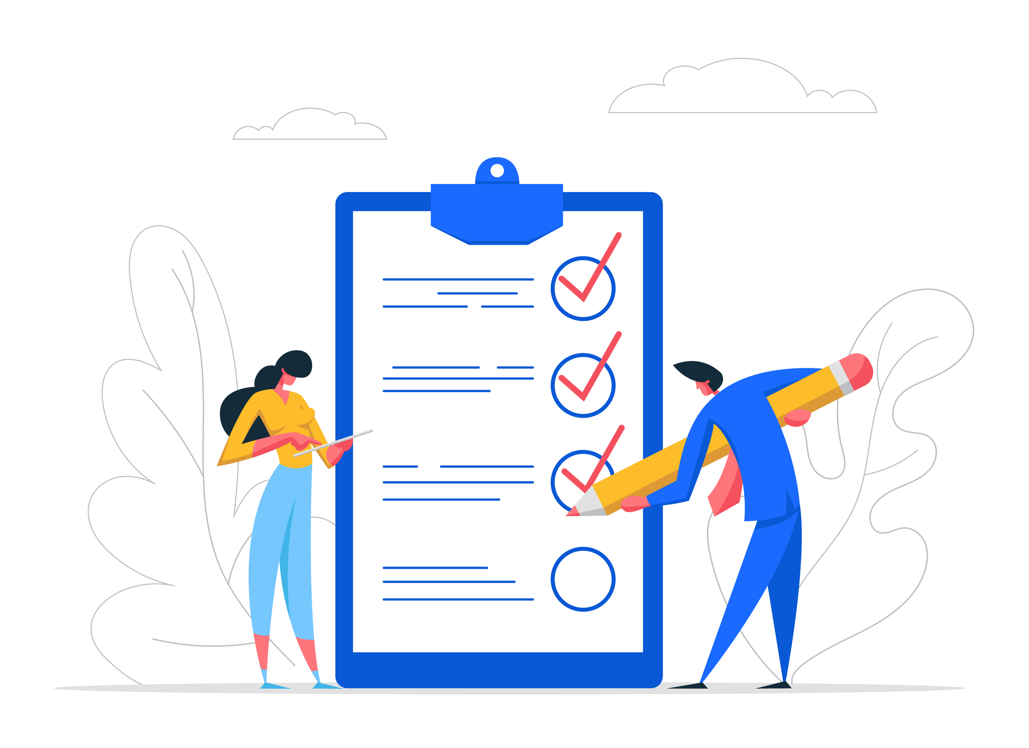 Businessman Character Mark Checklist with Pen. Businesswoman Completion Business Task. Goal Achievements People Planning Schedule Concept. Flat Vector Cartoon Illustration