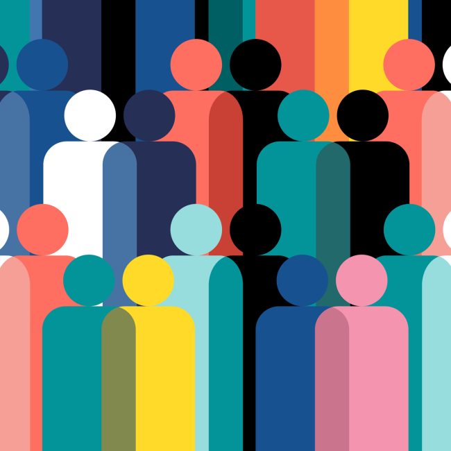 Geometric illustration of multi coloured human figures