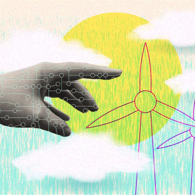 Artificial intelligence business concept in retro collage style environmental impact of AI