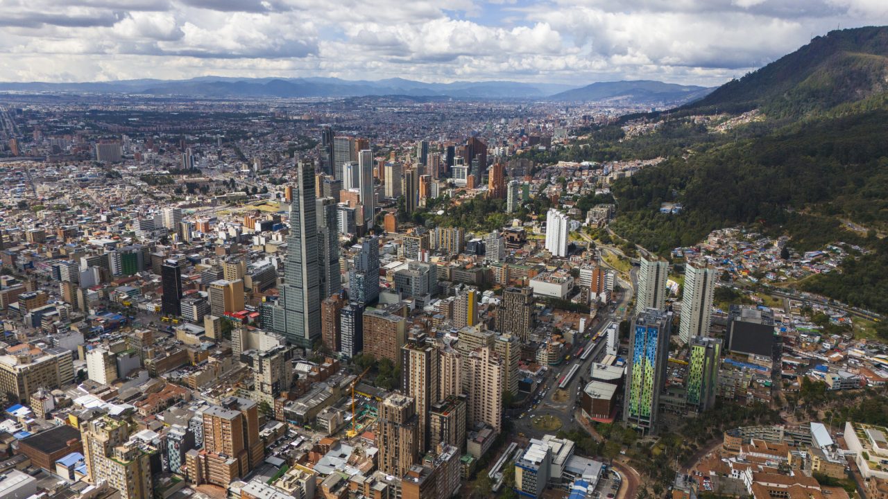 Bogotá, Colombia – A high angle view of the large modern Andean city as seen from the Monserrate mountain peak about 1,500 feet above the height of the capital.