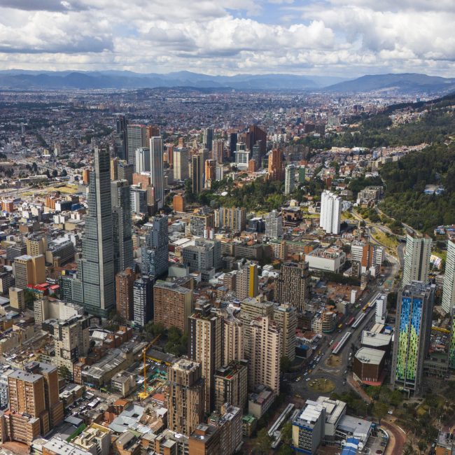 Bogotá, Colombia – A high angle view of the large modern Andean city as seen from the Monserrate mountain peak about 1,500 feet above the height of the capital.